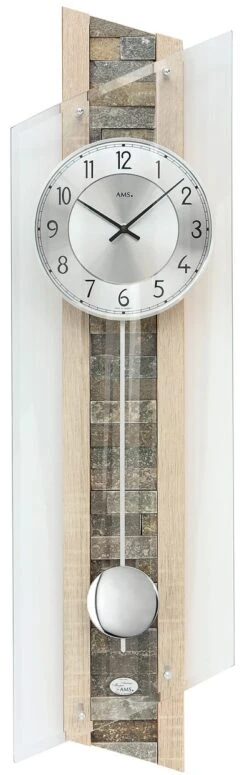 AMS Horloge Murale à Balancier Radio-piloté En Bois De Sonoma Et Pierres