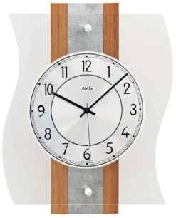 AMS Horloge Murale Radio-pilotée Argentée Et Bois