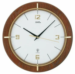 AMS Horloge Murale Radio-pilotée Ronde En Noyer