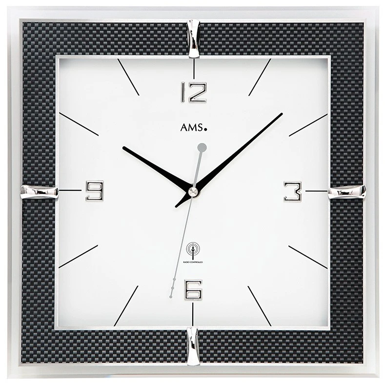 AMS Horloge Murale Radio Pilotée Carrée Entourage Carbone