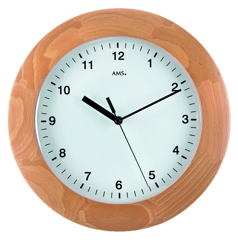AMS Horloge Murale Radio-pilotée Ronde Entourage Bois Hêtre