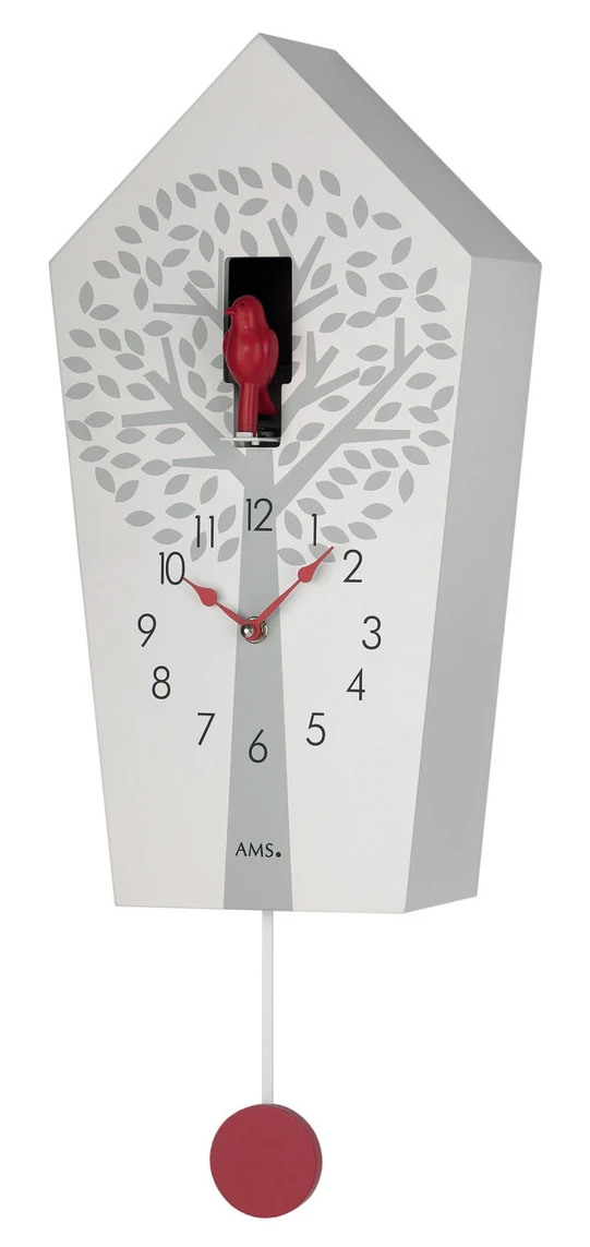 AMS Coucou Moderne à Quartz En Bois Laqué Blanc Oiseau Rouge – Image 2
