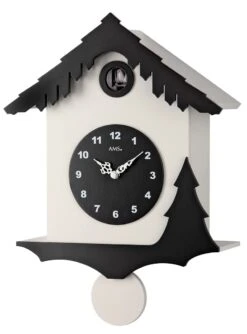 AMS Coucou Moderne à Quartz En Bois Laqué Blanc Et Noir Chalet Suisse