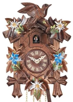 Coucou Mécanique Traditionnel 1 Jour Fleurs Peintes Bleues 35 Cm