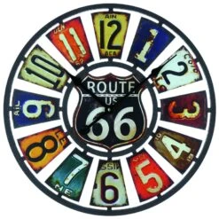 Horloge Vintage Industrielle Colorée En Bois Vieilli Route 66